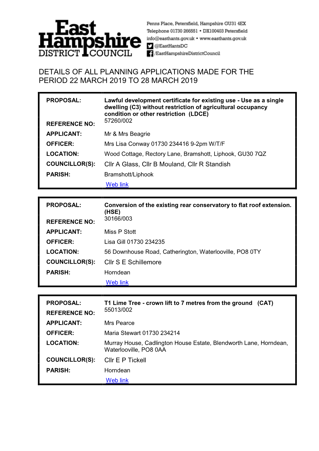 Details of All Planning Applications Made for the Period 22 March 2019 to 28 March 2019
