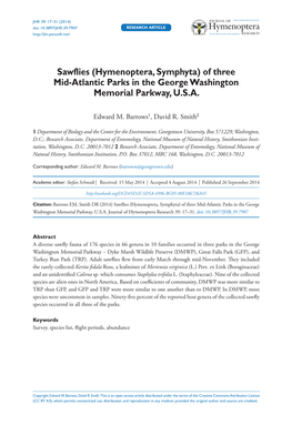 Sawflies (Hymenoptera, Symphyta) of Three Mid-Atlantic Parks in the George Washington Memorial Parkway, U.S.A