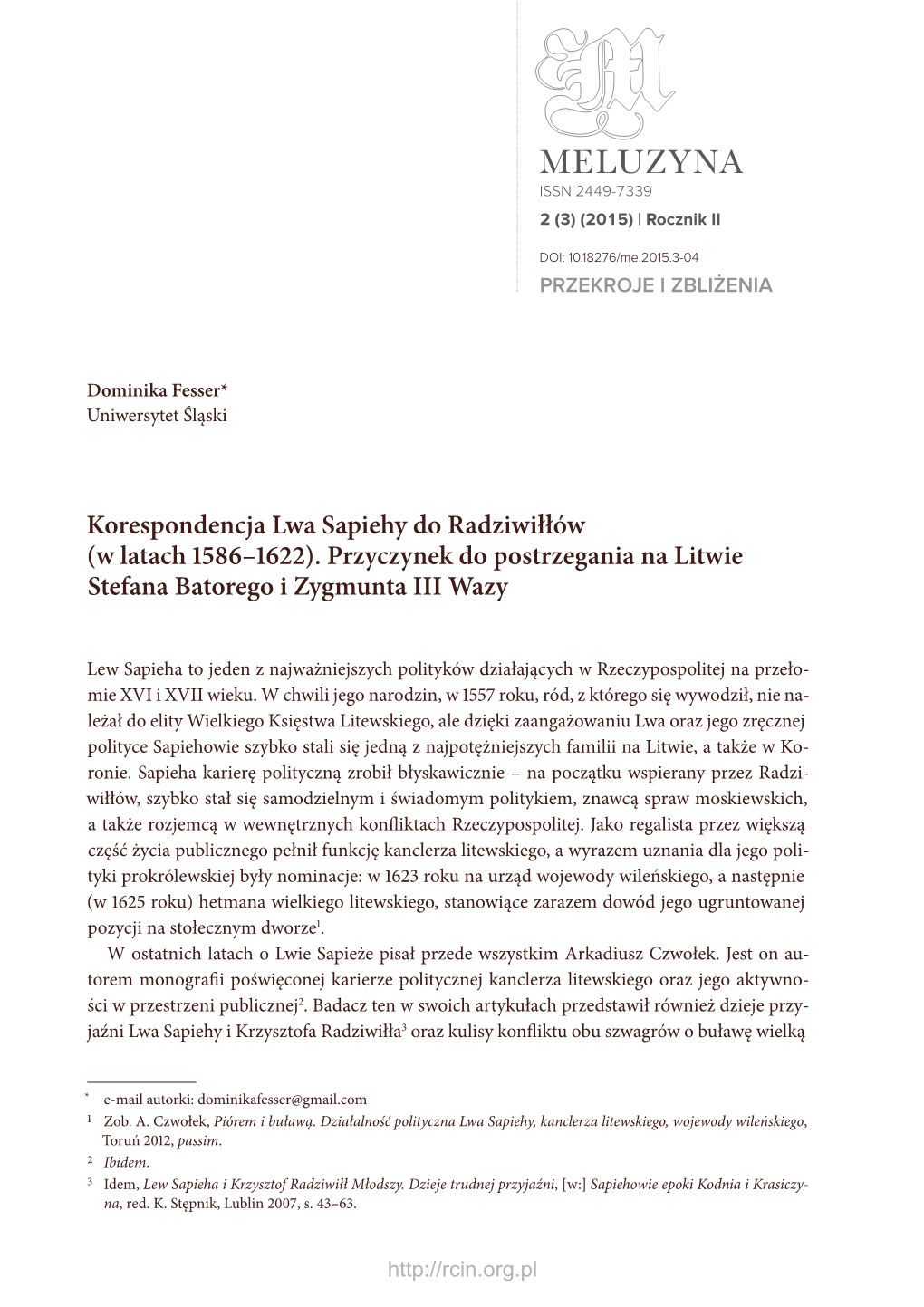 Korespondencja Lwa Sapiehy Do Radziwiłłów (W Latach 1586–1622)