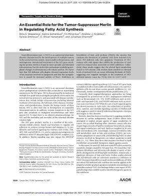 An Essential Role for the Tumor-Suppressor Merlin in Regulating Fatty Acid Synthesis Dina S