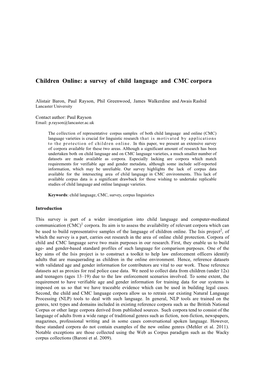 Children Online: a Survey of Child Language and CMC Corpora