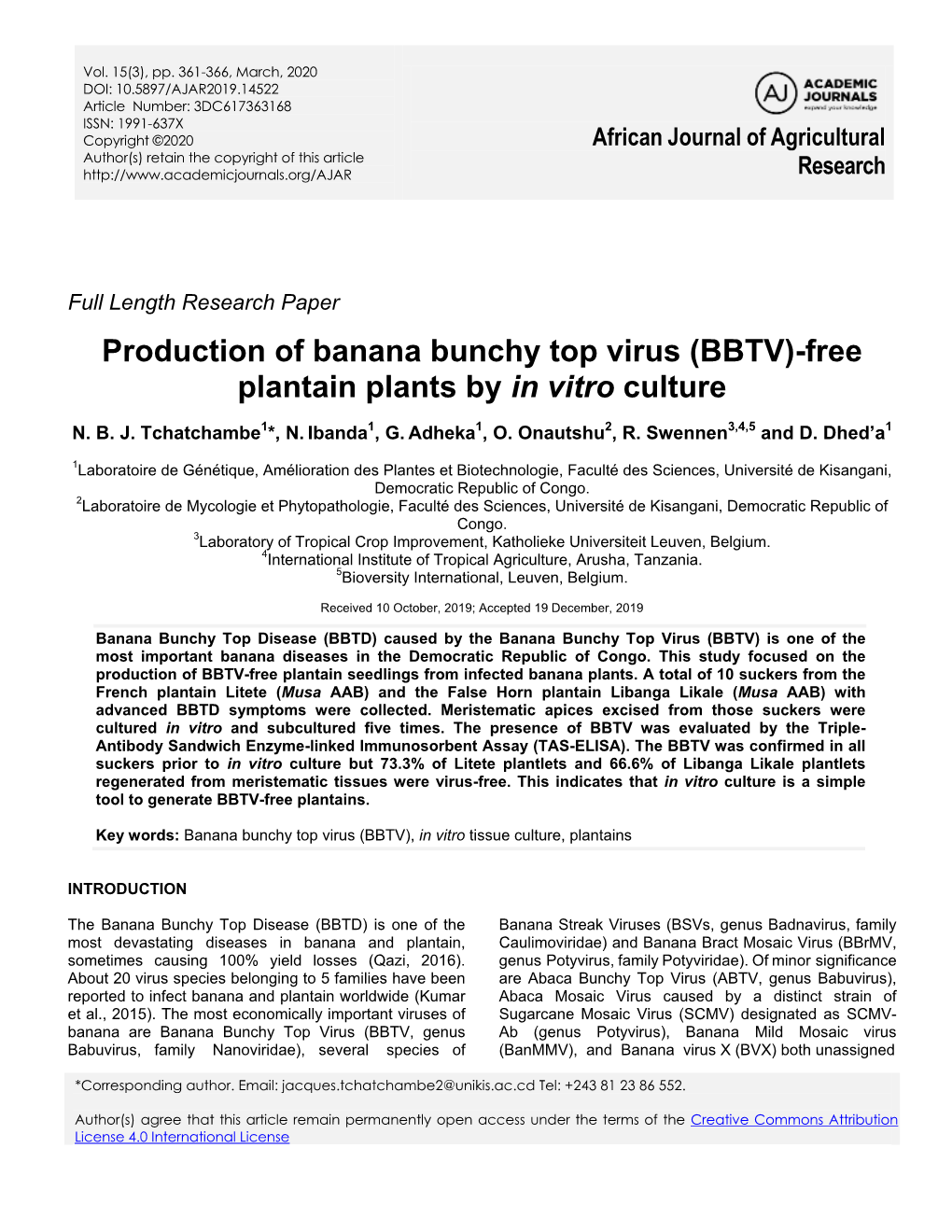 Production of Banana Bunchy Top Virus (BBTV)-Free Plantain Plants by in Vitro Culture