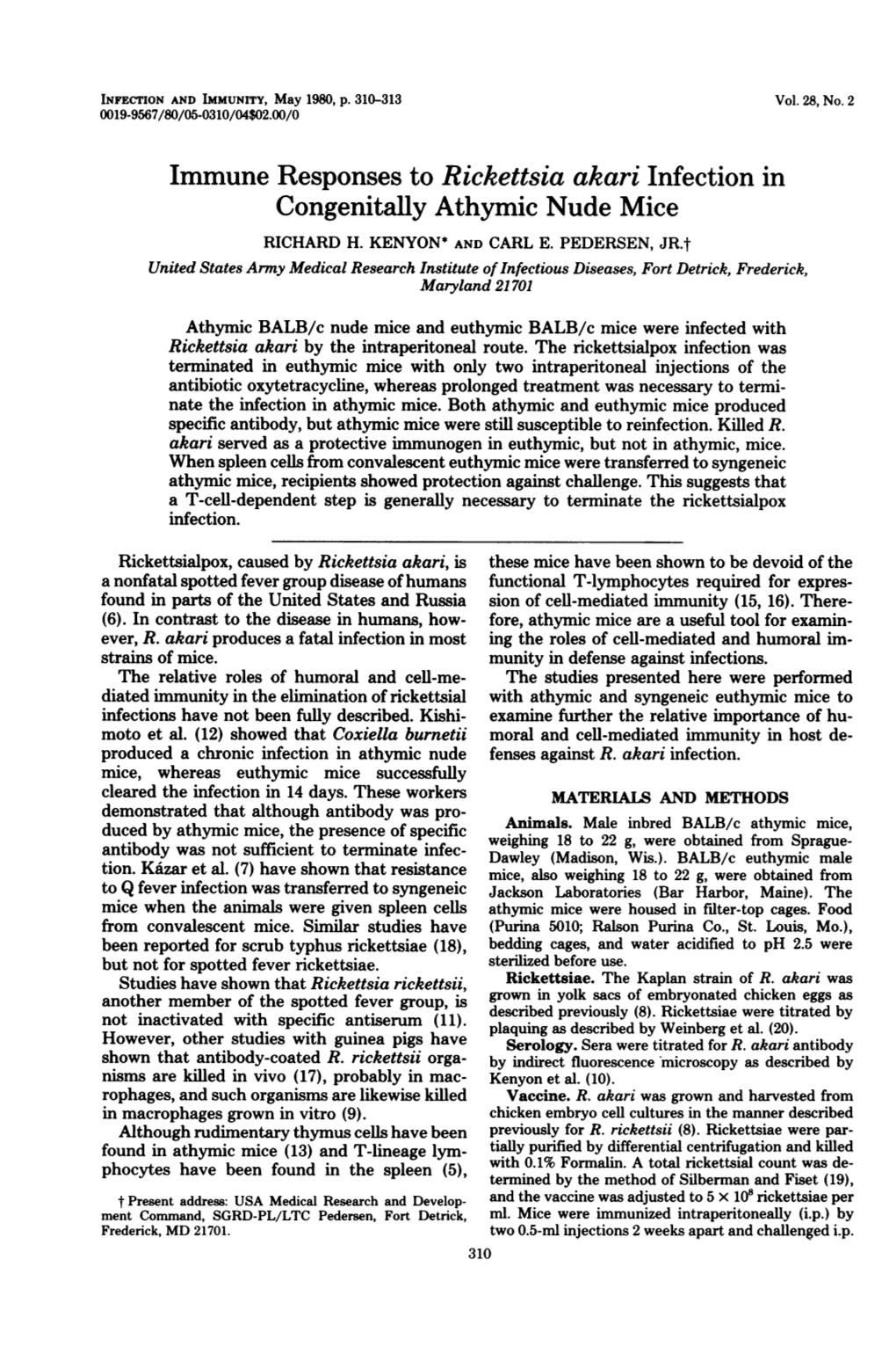 Immune Responses to Rickettsia Akari Infection in Congenitally Athymic Nude Mice RICHARD H