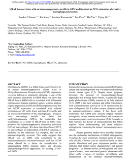 MTAP Loss Correlates with an Immunosuppressive Profile in GBM and Its Substrate MTA Stimulates Alternative Macrophage Polarization