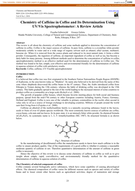 Chemistry of Caffeine in Coffee and Its Determination Using UV/Vis Spectrophotometer: a Review Article