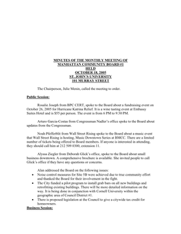 Minutes of the Monthly Meeting of Manhattan Community Board #1 Held October 18, 2005 St