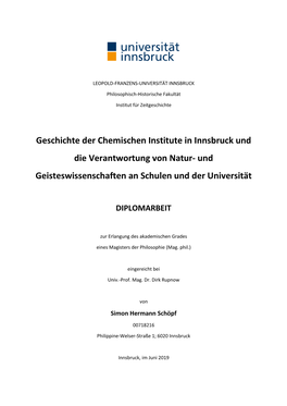 Geschichte Der Chemischen Institute in Innsbruck Und Die Verantwortung Von Natur- Und Geisteswissenschaften an Schulen Und Der Universität