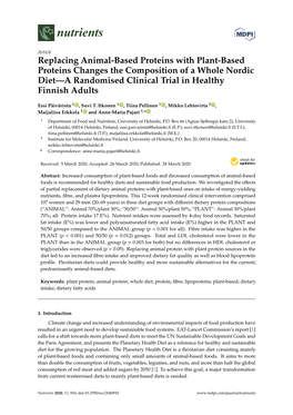 Replacing Animal-Based Proteins with Plant-Based Proteins Changes the Composition of a Whole Nordic Diet—A Randomised Clinical Trial in Healthy Finnish Adults