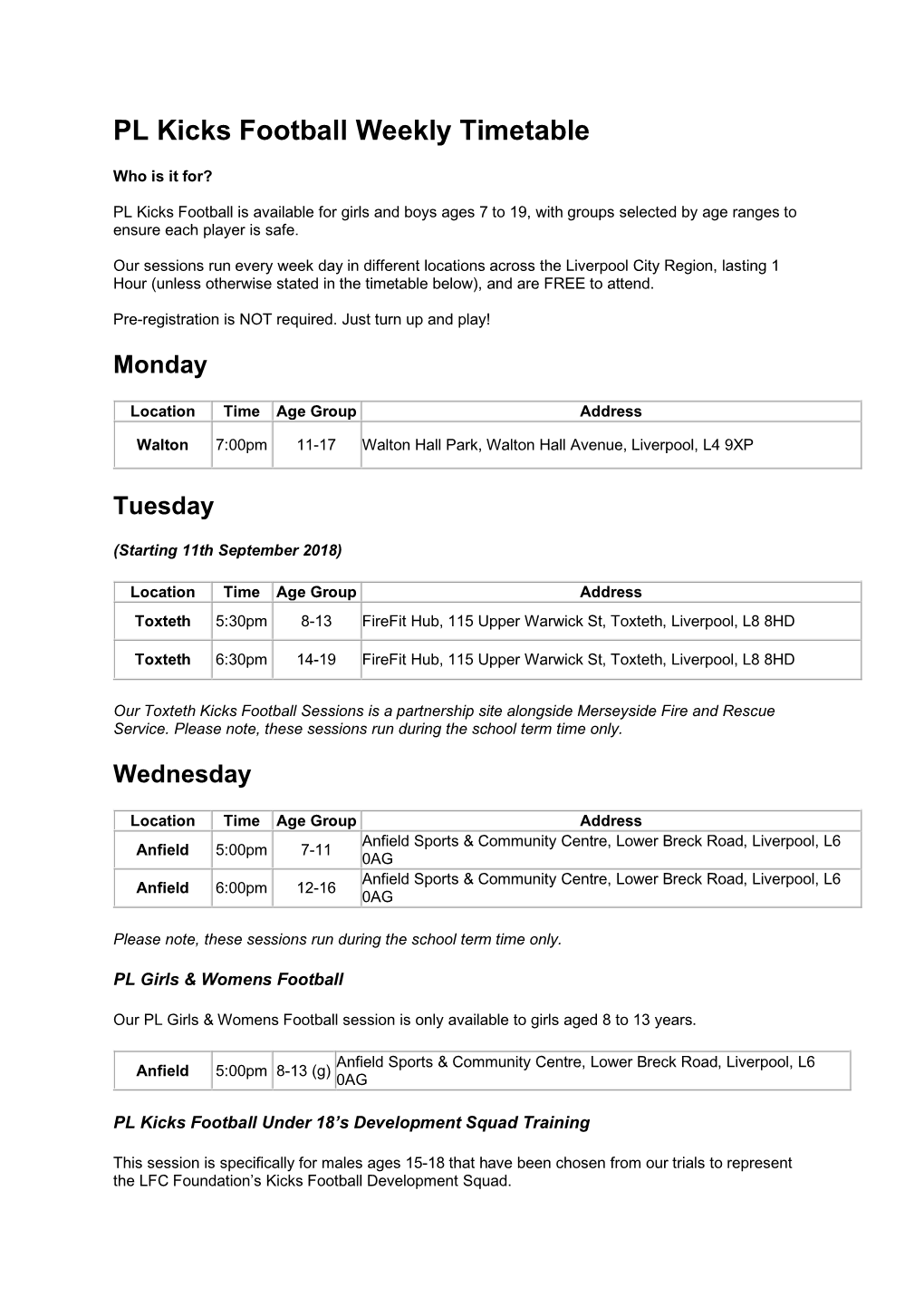 PL Kicks Football Weekly Timetable