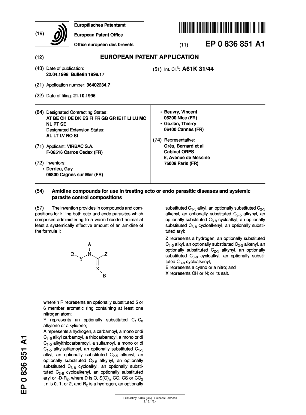 Amidine Compounds for Use in Treating Ecto Or Endo Parasitic Diseases and Systemic Parasite Control Compositions