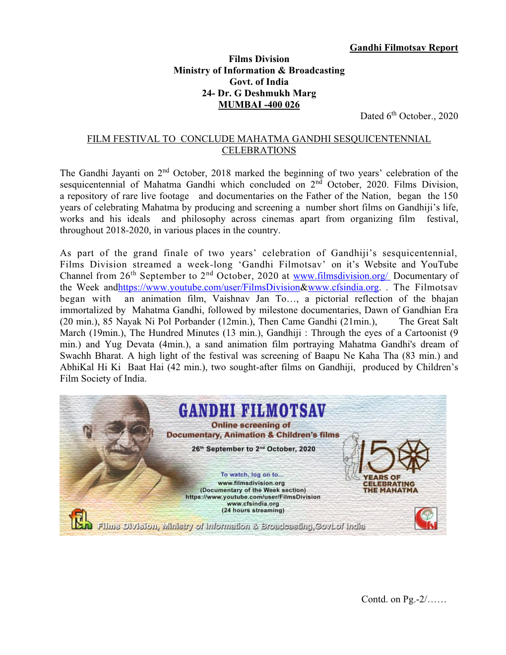 Gandhi Filmotsav Report Films Division Ministry of Information & Broadcasting Govt