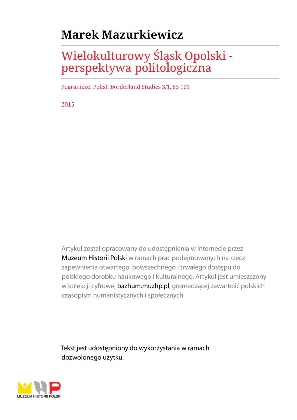 Wielokulturowy Śląsk Opolski - Perspektywa Politologiczna