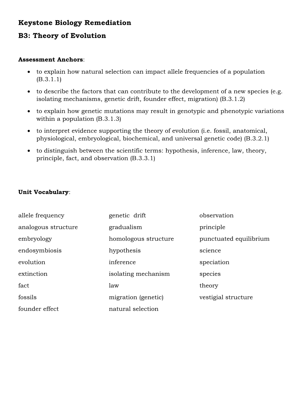 Keystone Biology Remediation B3: Theory of Evolution