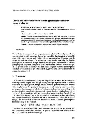 Growth and Characterization of Calcium Pyrophosphate Dihydrate Grown in Silica Gel
