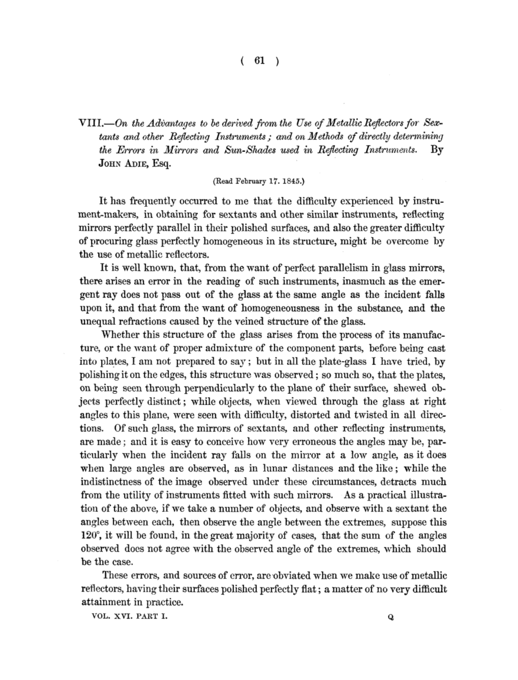 Tants and Other Reflecting Instruments ; and on Methods of Directly Determining the Errors in Mirrors and Sun-Shades Used in Reflecting Instruments