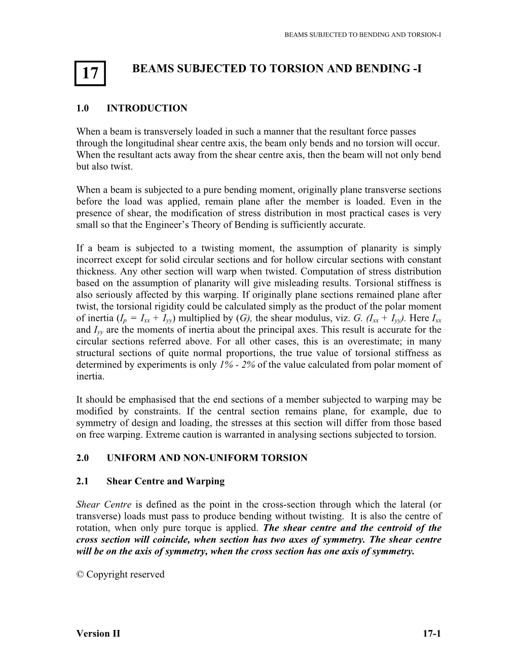 Beams Subjected to Torsion and Bending -I