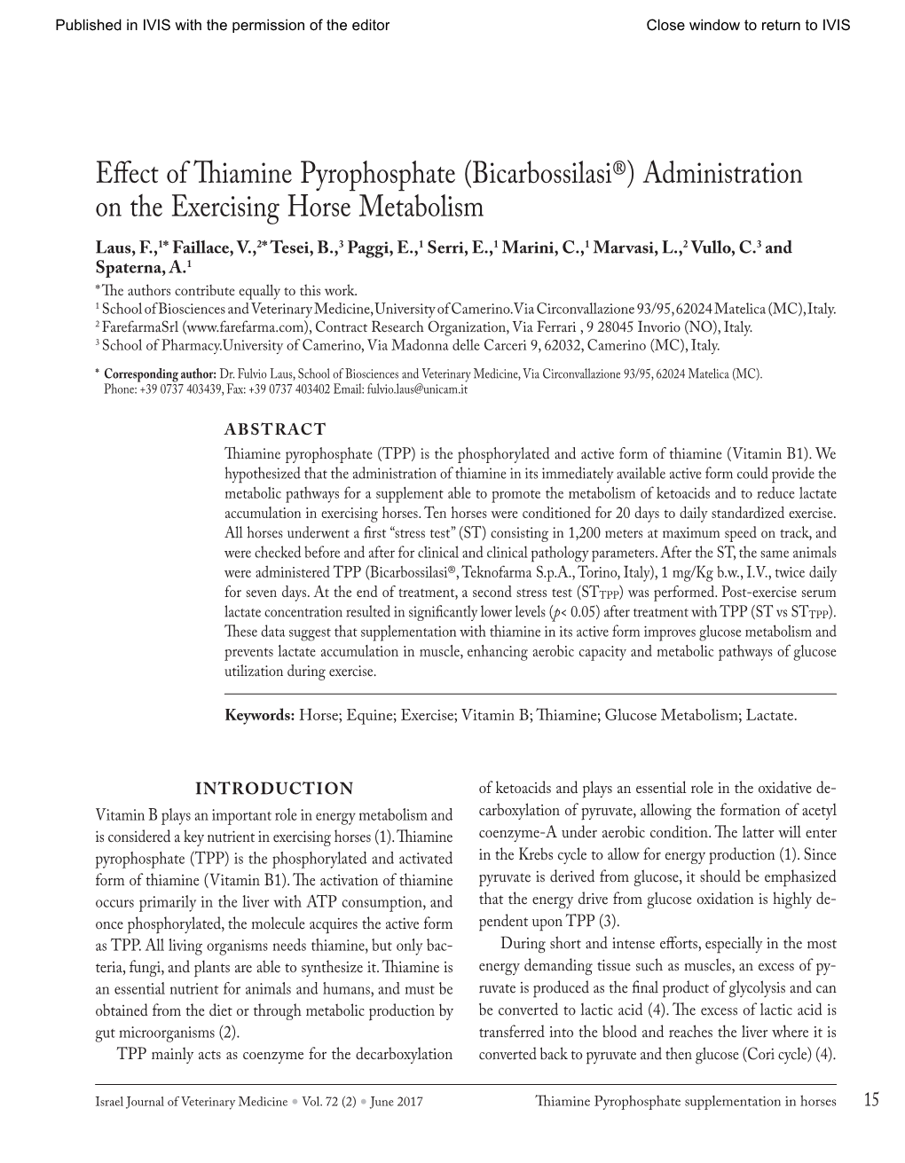 (Bicarbossilasi®) Administration on the Exercising Horse Metabolism