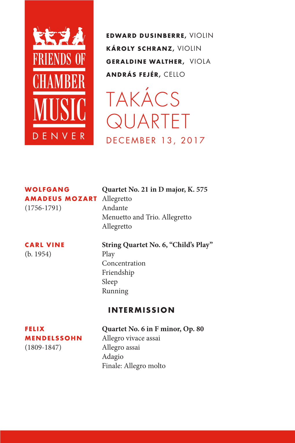 Takács Quartet Denver December 13, 2017