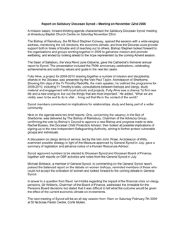 Report on Salisbury Diocesan Synod – Meeting on November 22Nd 2008