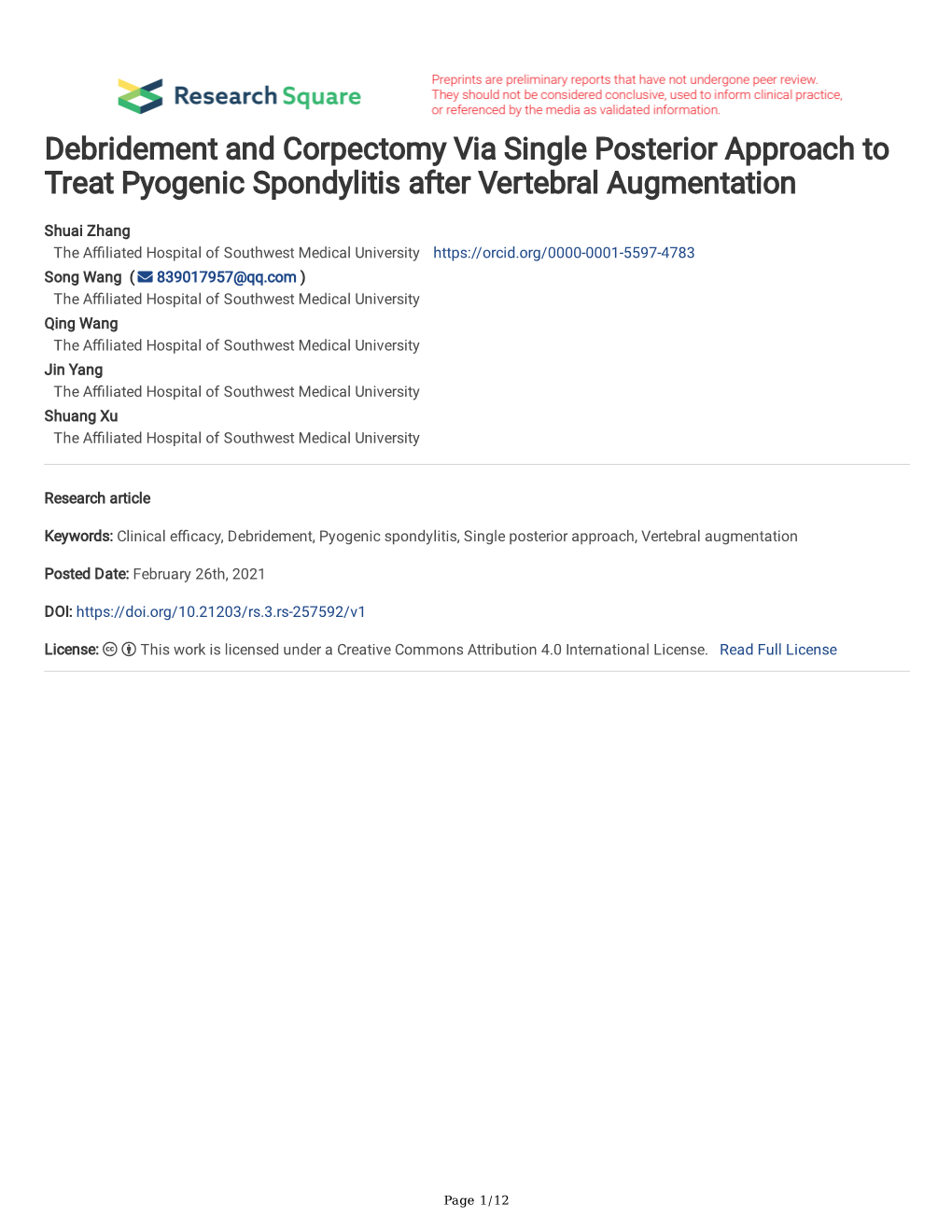 Debridement and Corpectomy Via Single Posterior Approach to Treat Pyogenic Spondylitis After Vertebral Augmentation