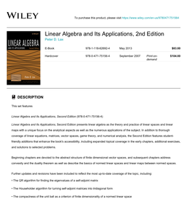 Linear Algebra and Its Applications, 2Nd Edition Peter D