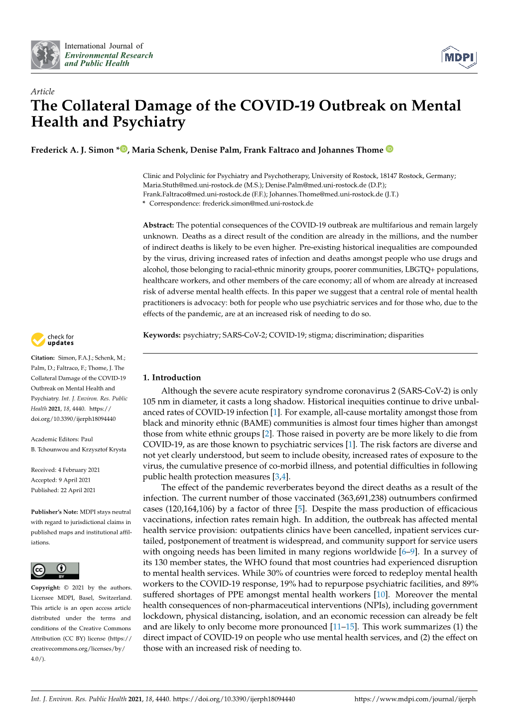 The Collateral Damage of the COVID-19 Outbreak on Mental Health and Psychiatry