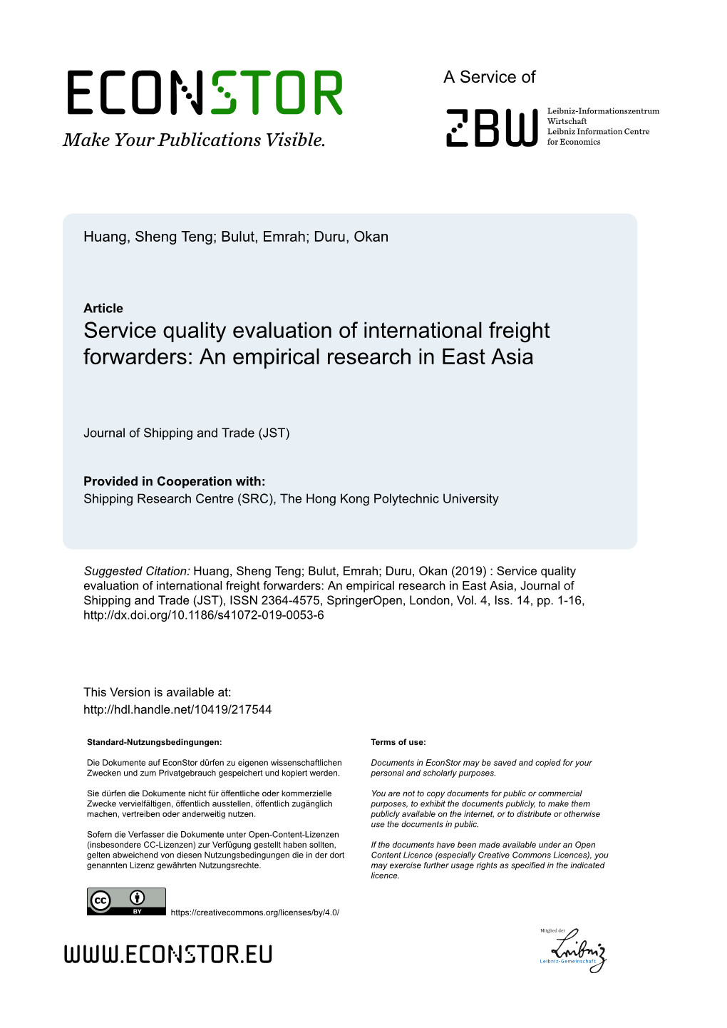 Service Quality Evaluation of International Freight Forwarders: an Empirical Research in East Asia