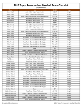 2019 Topps Transcendent Baseball Cut Signature 1/1 Checklist