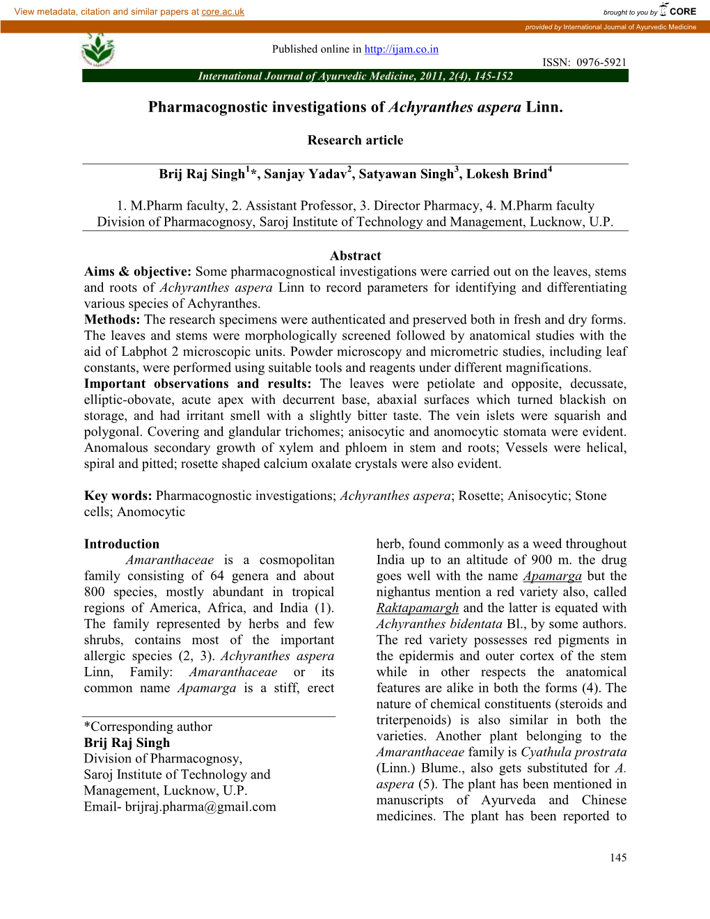 Pharmacognostic Investigations of Achyranthes Aspera Linn