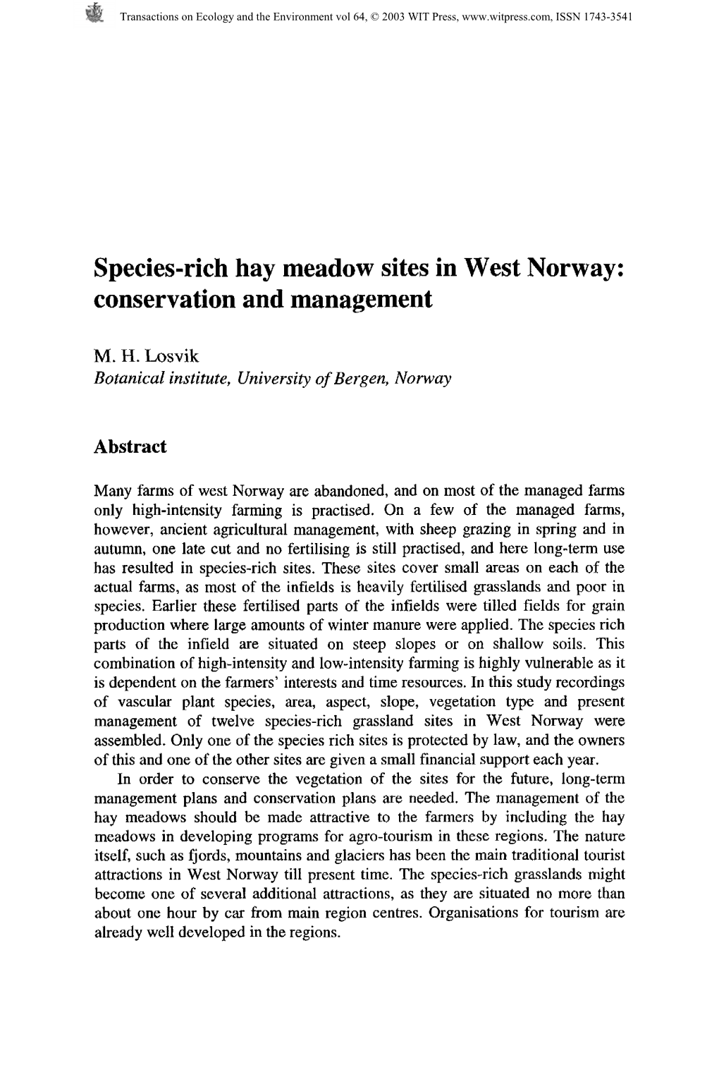 Species-Rich Hay Meadow Sites in West Norway: Conservation and Management