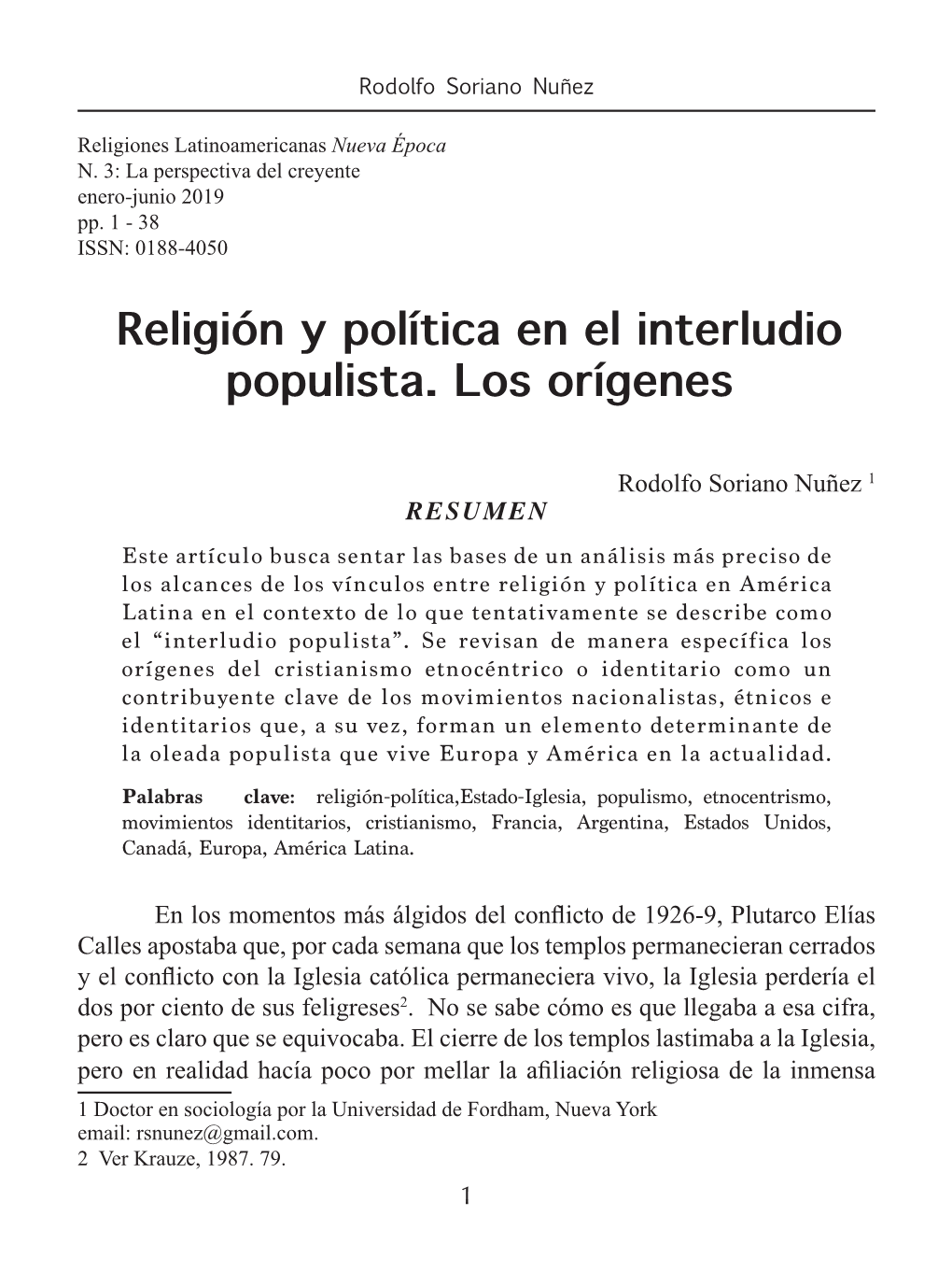 Religión Y Política En El Interludio Populista. Los Orígenes