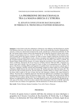 La Proibizione Dei Bacchanalia Tra La Magna Grecia E L’Etruria