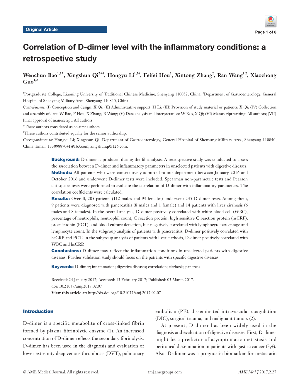 Correlation of D-Dimer Level with the Inflammatory Conditions: a Retrospective Study