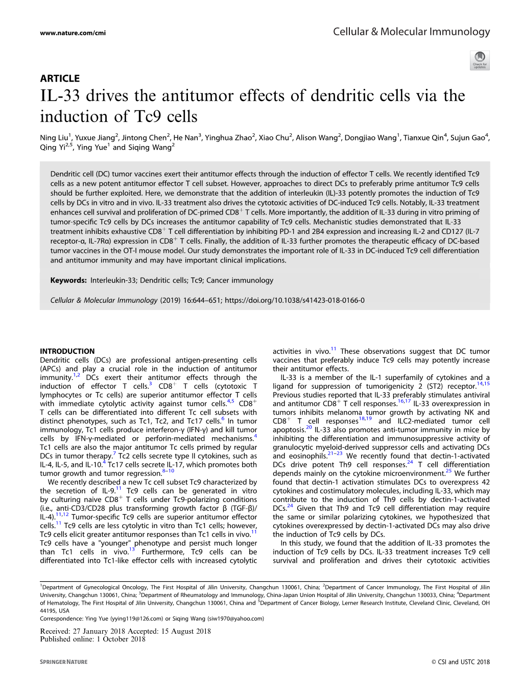 IL-33 Drives the Antitumor Effects of Dendritic Cells Via the Induction of Tc9 Cells