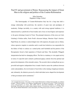 Paul IV and Government of Rome: Reassessing the Impact of Great Men in the Religion and Politics of the Counter-Reformation