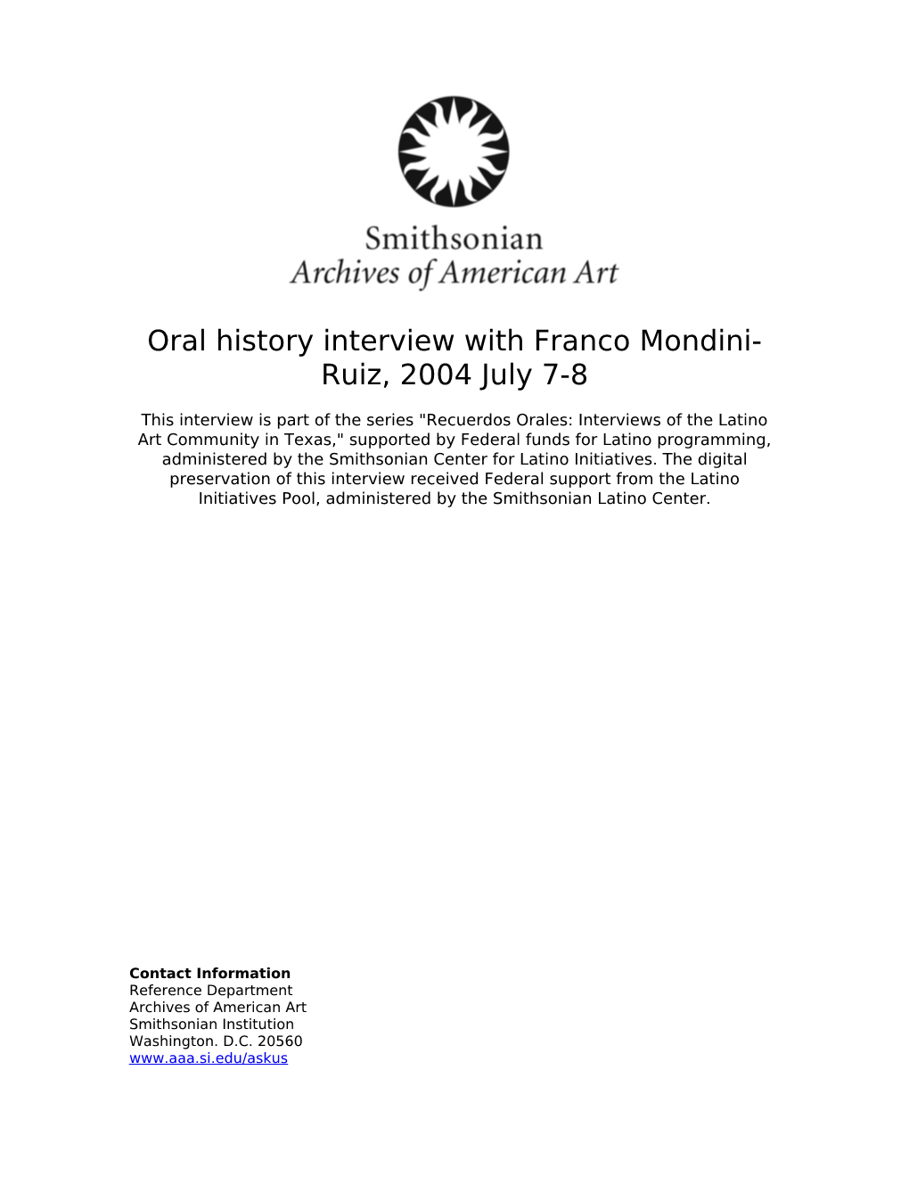 Oral History Interview with Franco Mondini- Ruiz, 2004 July 7-8