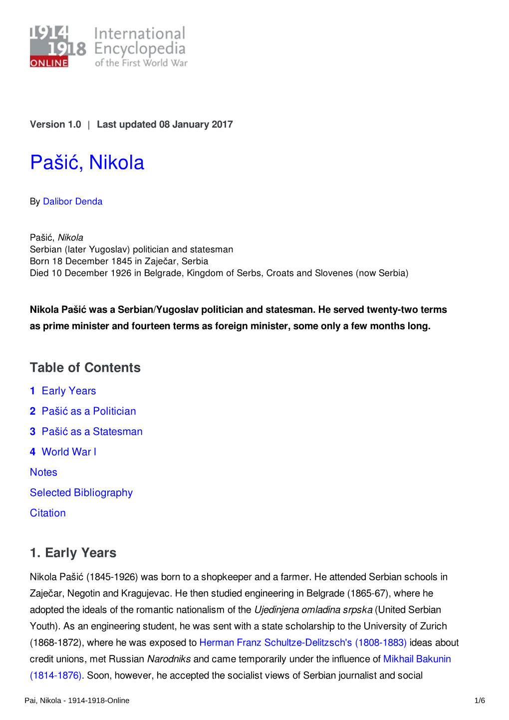 Pašić, Nikola | International Encyclopedia of the First World War