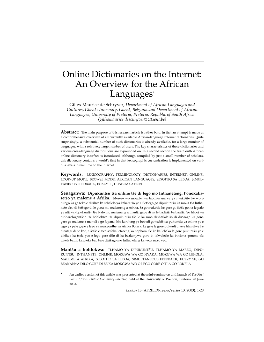 Online Dictionaries on the Internet: an Overview for the African Languages