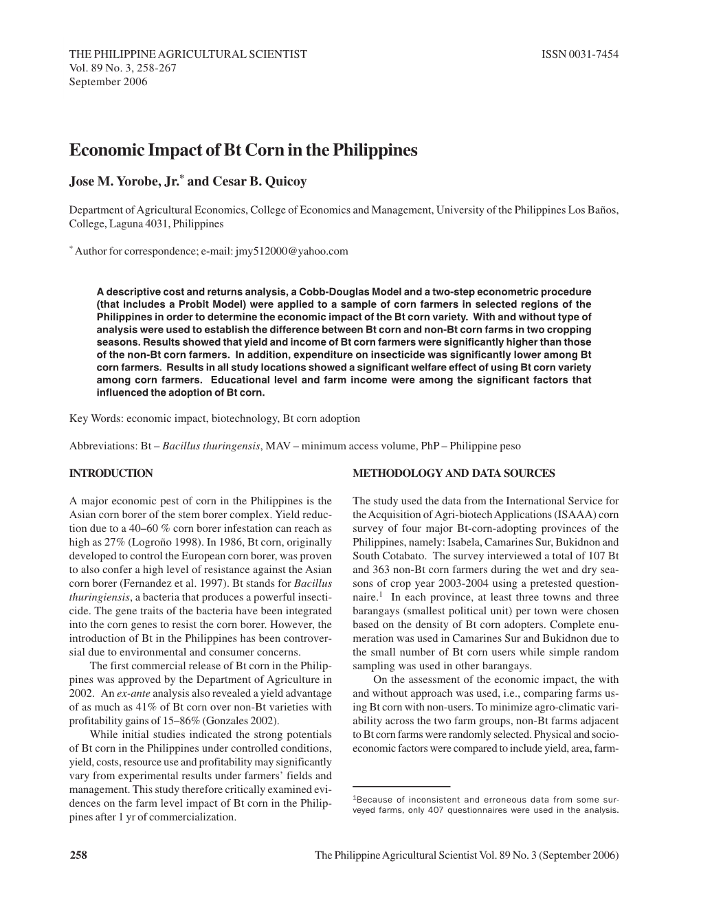 Economic Impact of Bt Corn in the Philippines