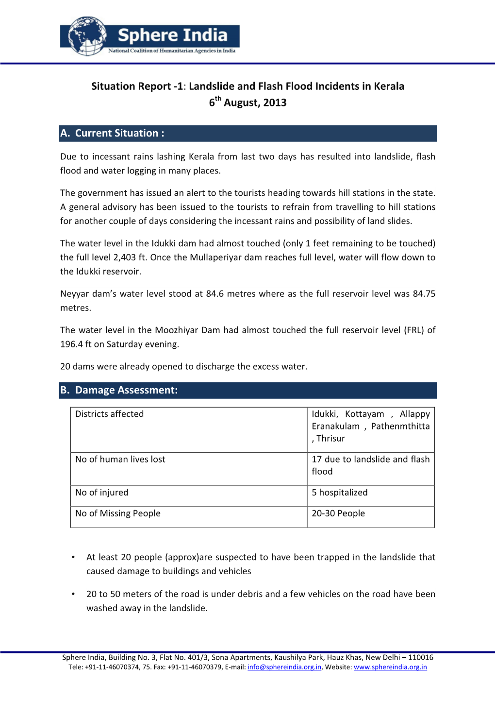 Sitrep-1 Landslide and Flash Flood in Kerala