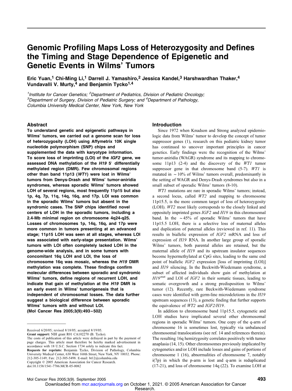 Genomic Profiling Maps Loss of Heterozygosity and Defines the Timing and Stage Dependence of Epigenetic and Genetic Events in Wilms’ Tumors