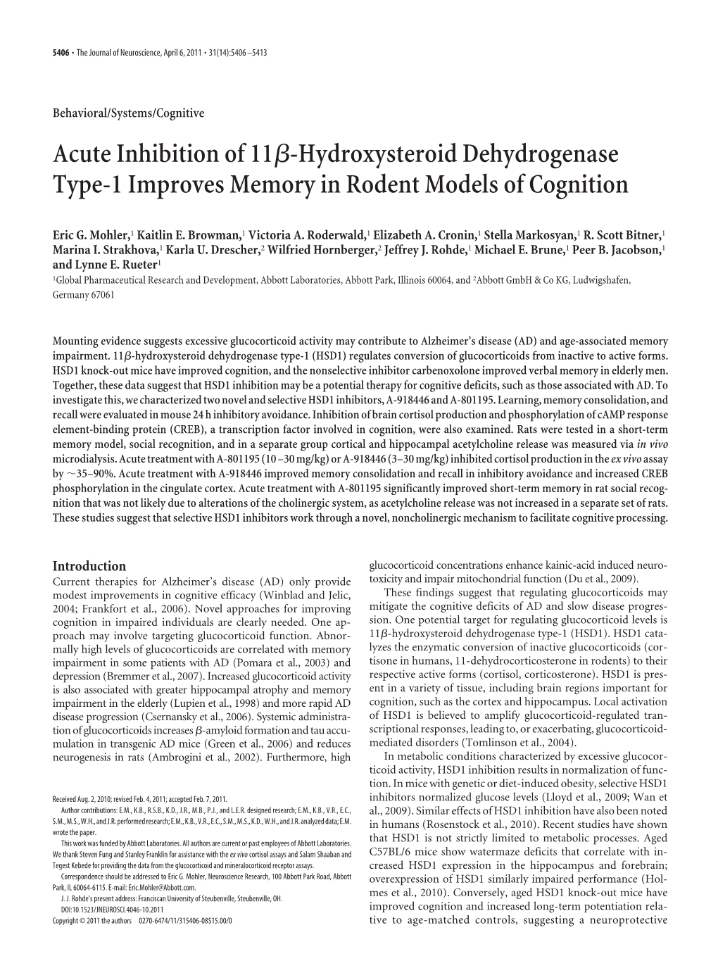 Acute Inhibition of 11ß-Hydroxysteroid