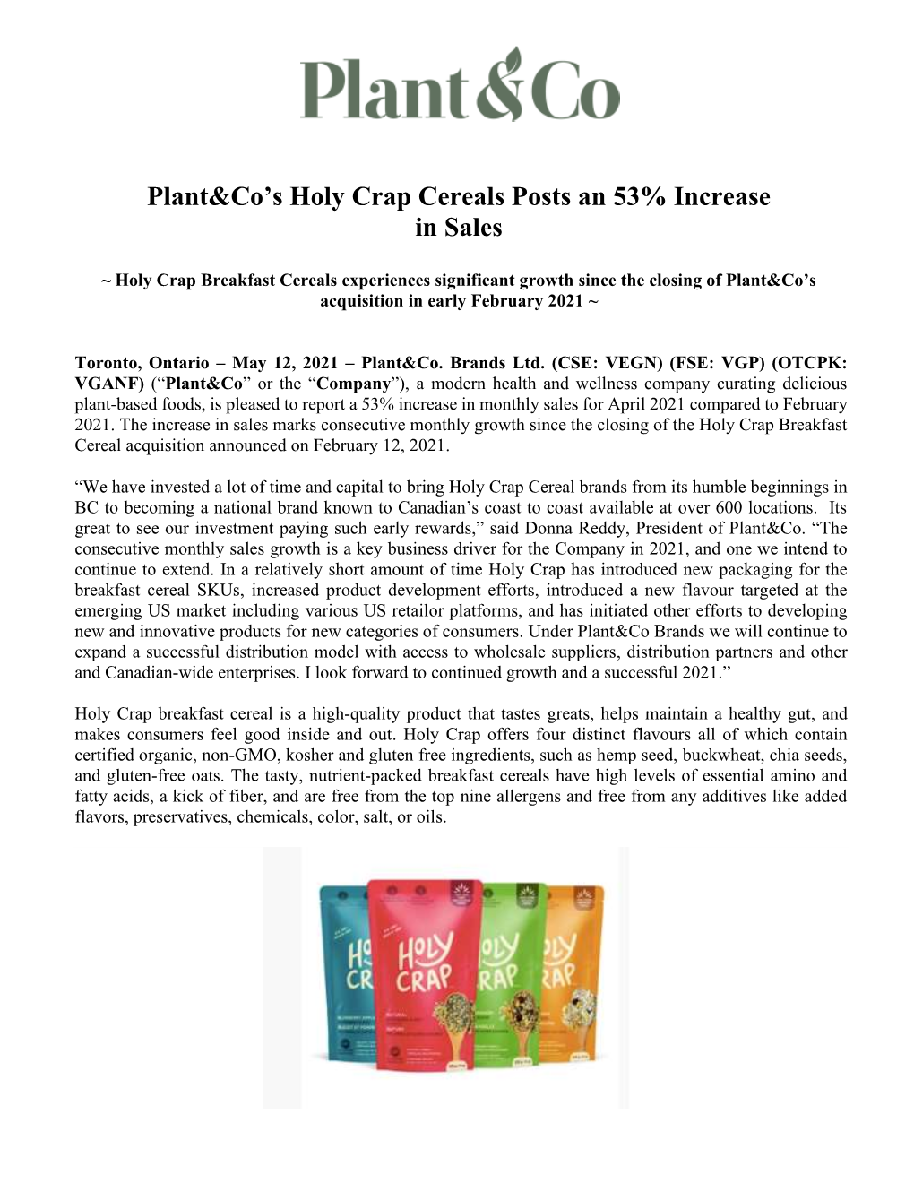 Plant&Co's Holy Crap Cereals Posts an 53% Increase in Sales