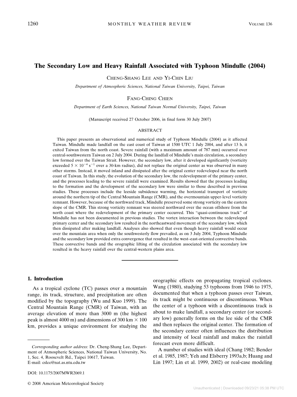 The Secondary Low and Heavy Rainfall Associated with Typhoon Mindulle (2004)