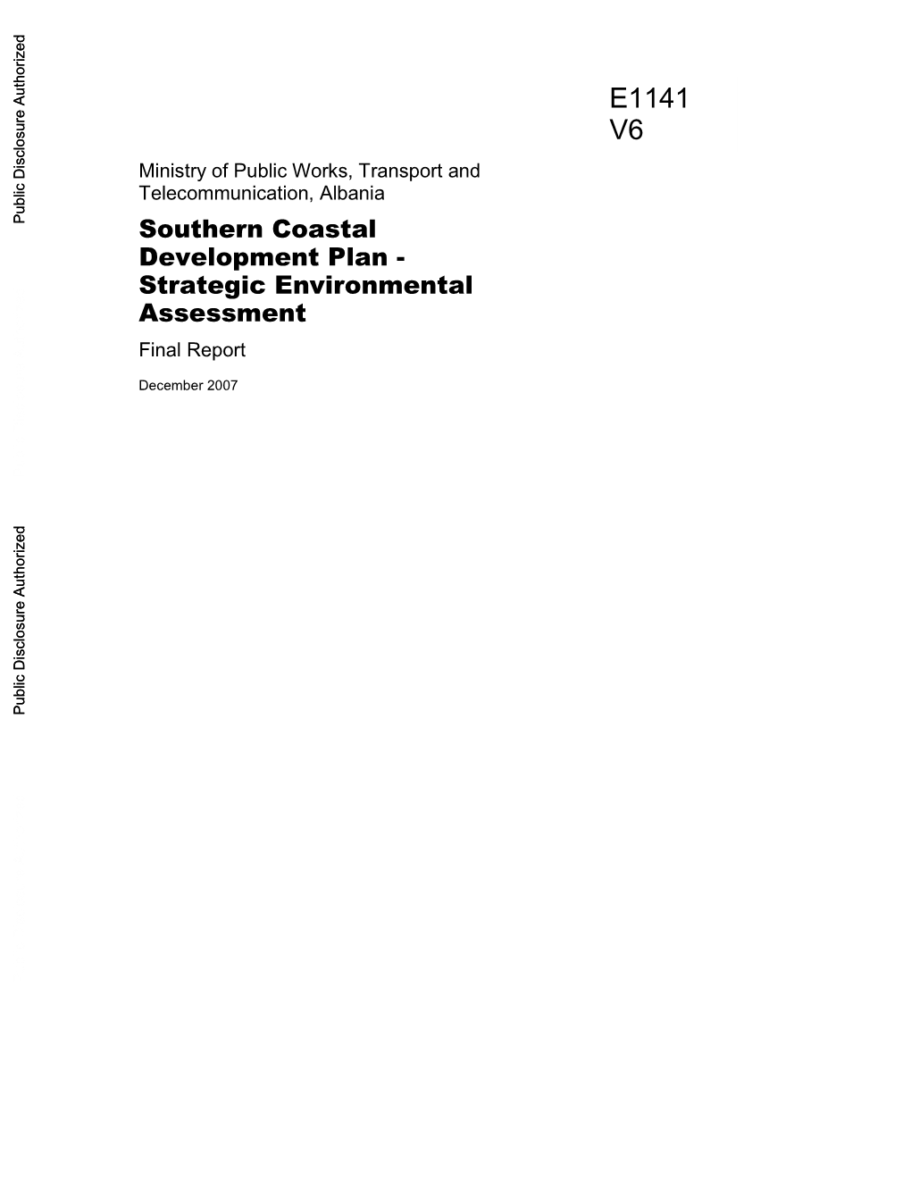 Southern Coastal Development Plan - Strategic Environmental Assessment Final Report