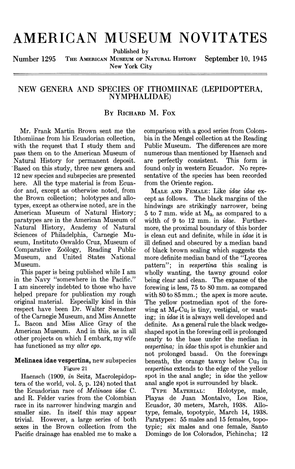 AMERICAN MUSEUM NOVITATES Published by Number 1295 the AMERICAN MUSEUM of NATURAL HISTORY September 10, 1945 New York City