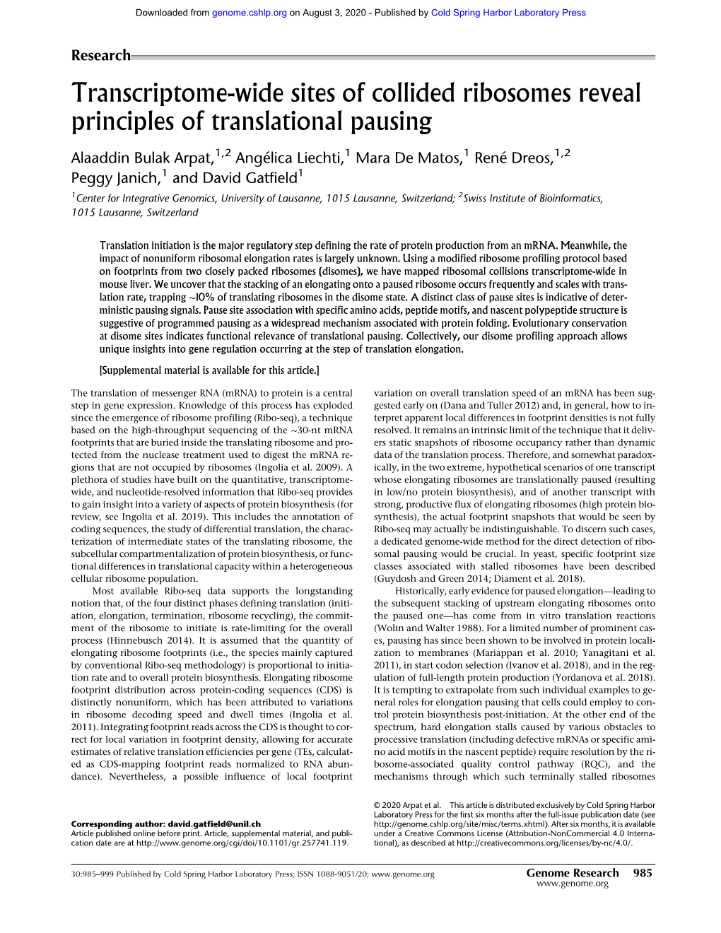 Transcriptome-Wide Sites of Collided Ribosomes Reveal Principles of Translational Pausing