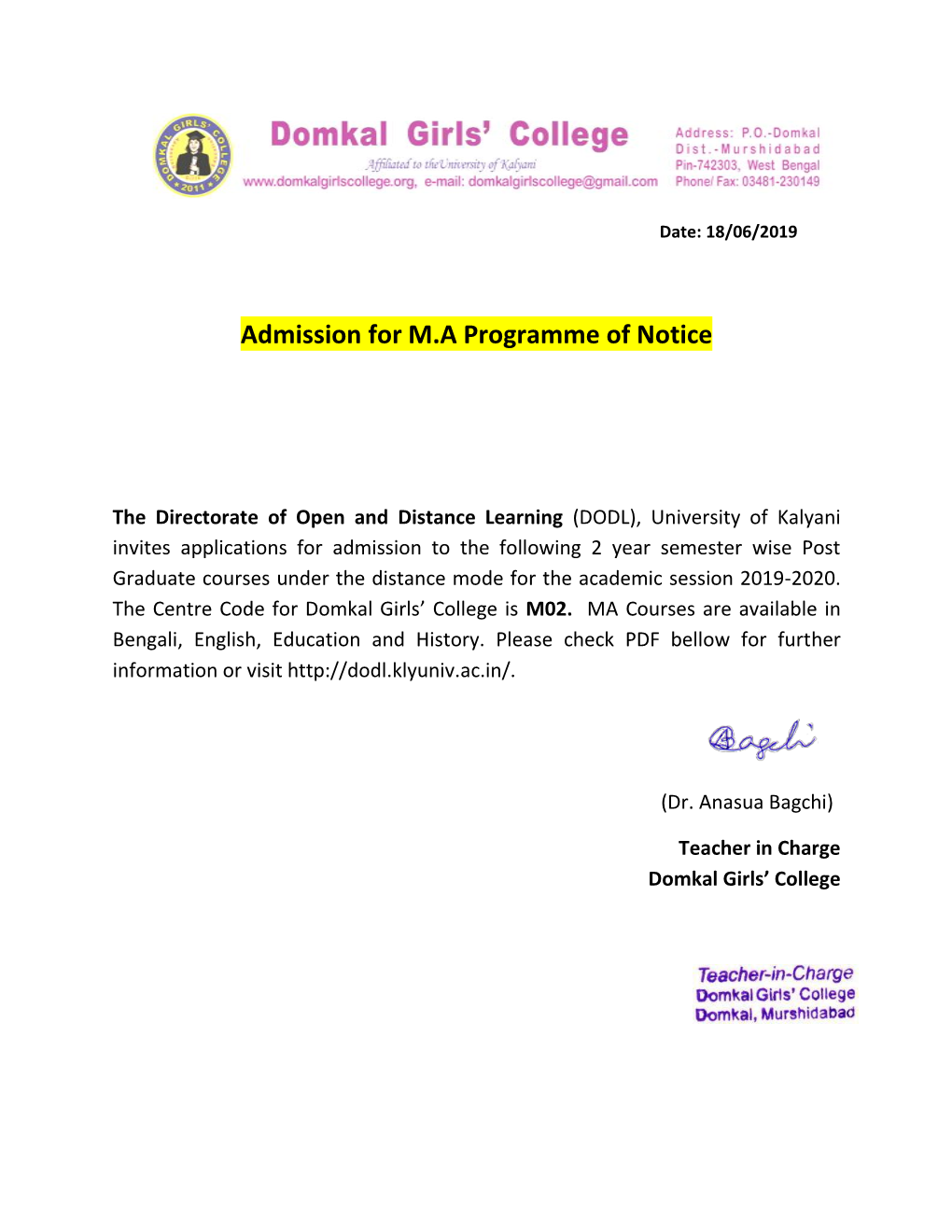 Admission for M.A Programme of Notice