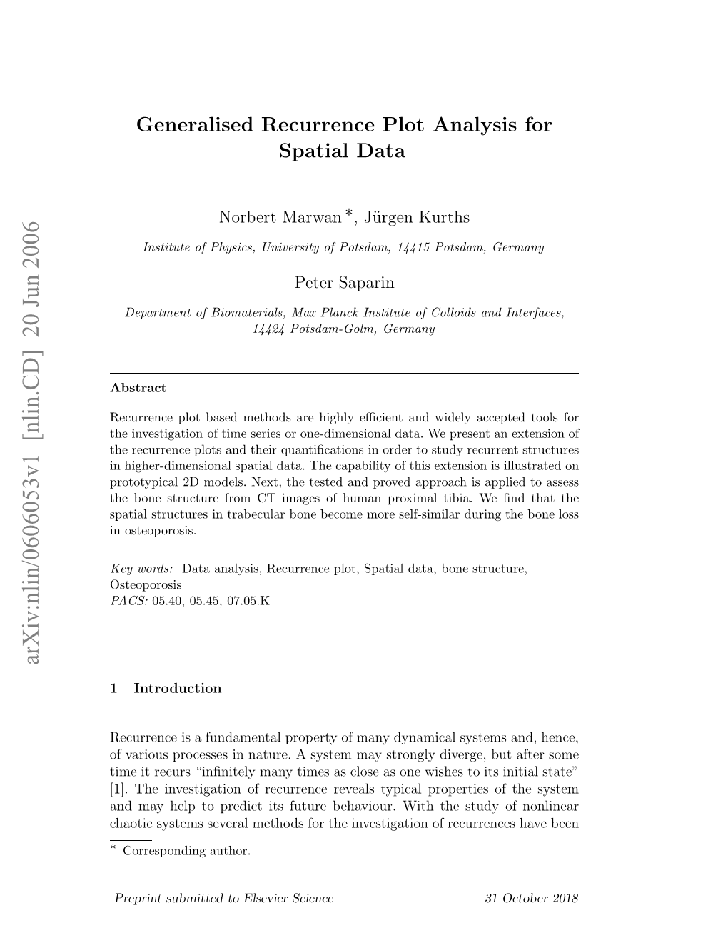 Generalised Recurrence Plot Analysis for Spatial Data