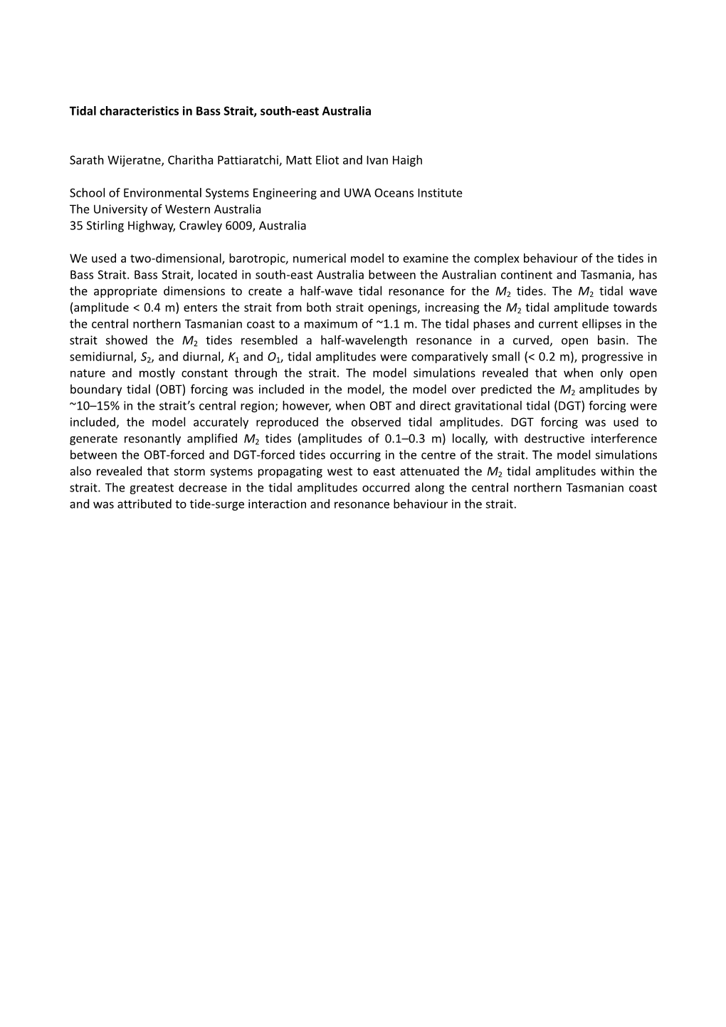 Tidal Characteristics in Bass Strait, South-East Australia Sarath